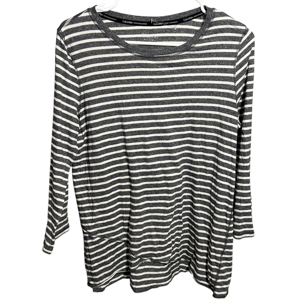 Calvin Klein Performance Women's M Gray White‎ Stripe Quick Dry 3/4 Sleeve Top